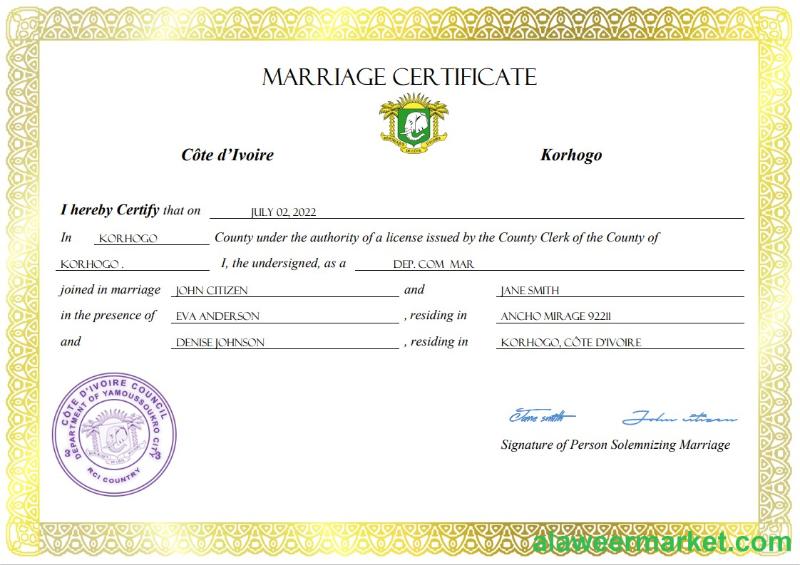 Cote d'Ivoire marriage certificate Word and PDF template